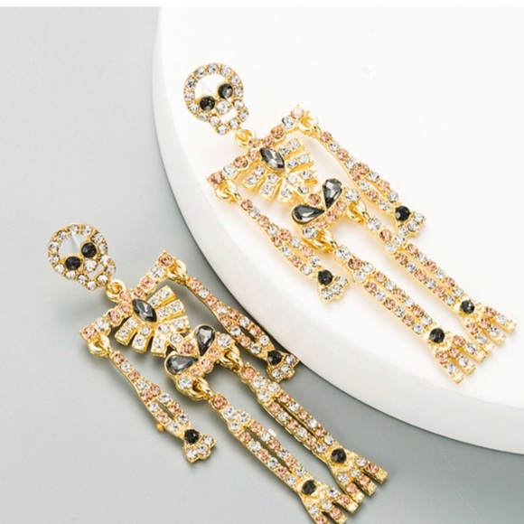 Skull Skeleton Alloy Inlaid Rhinestone 3" Earrings - Picture 2 of 4